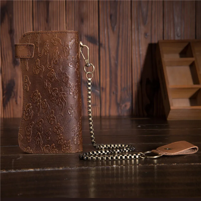 B161 Anti Theft Iron Chain Oil Wax Leather Wallet, Retro Dragon Pattern Top Layer Cowhide Long Card Bag