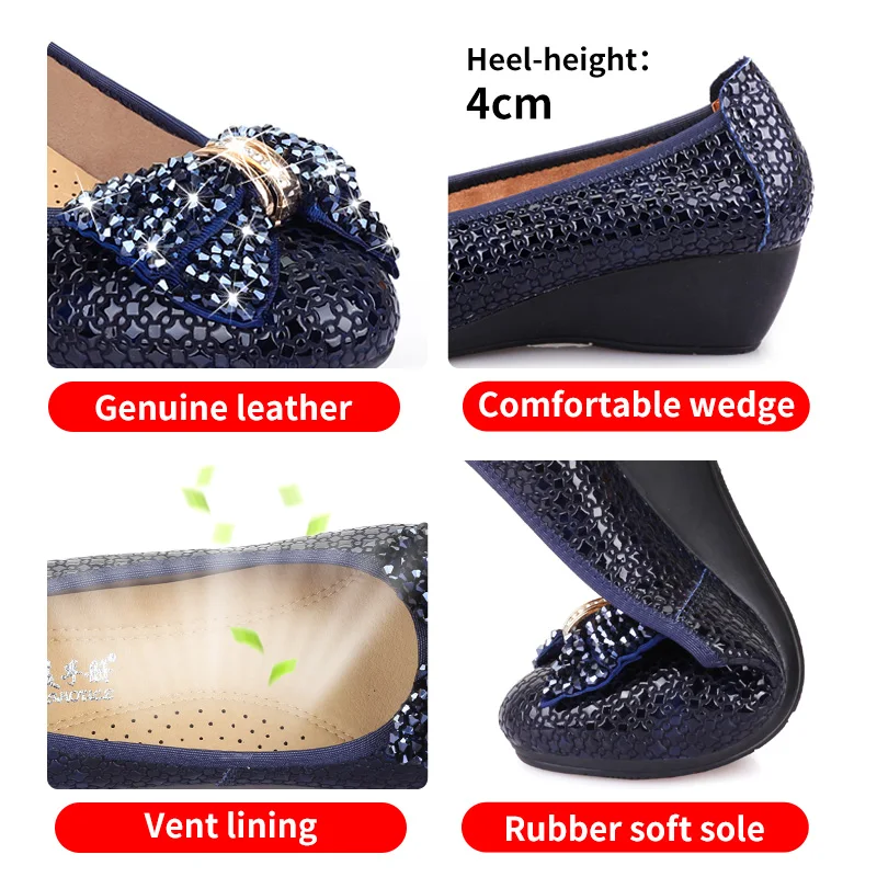 Round Head Shoes Women\'s Genuine Leather Soft Bottom Slip-on Bow Tie Women\'s Shoes Free Shipping Elegant Middle Heel Wedge Sabot