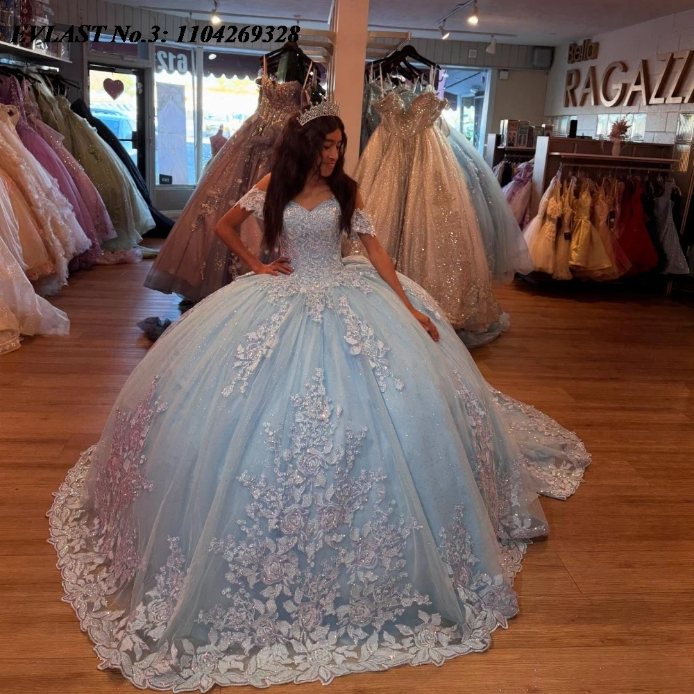 

EVLAST Customized Shiny Baby Blue Quinceanera Dress Ball Gown Lace Applique Beading Corset Sweet 16 Vestidos De 15 Anos E3Q751