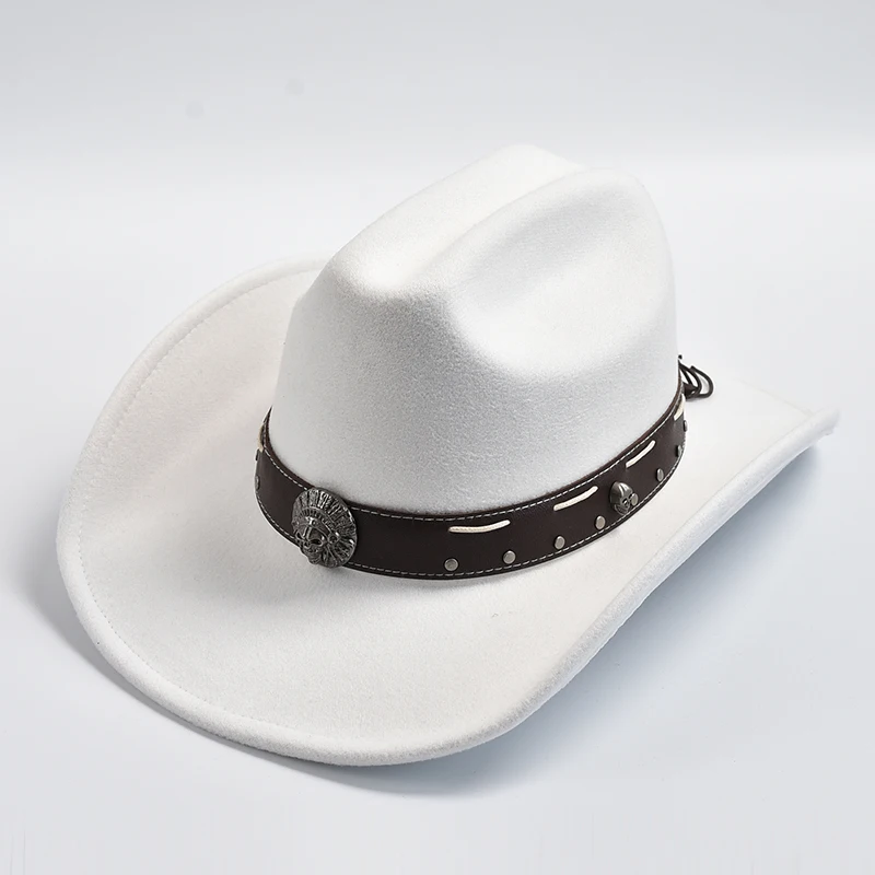 New Vintage Western Cowboy Hat with Punk Belt Men\'s Gentleman Cloche Church Caps Lady Roll Up Jazz Cowgirl Hats