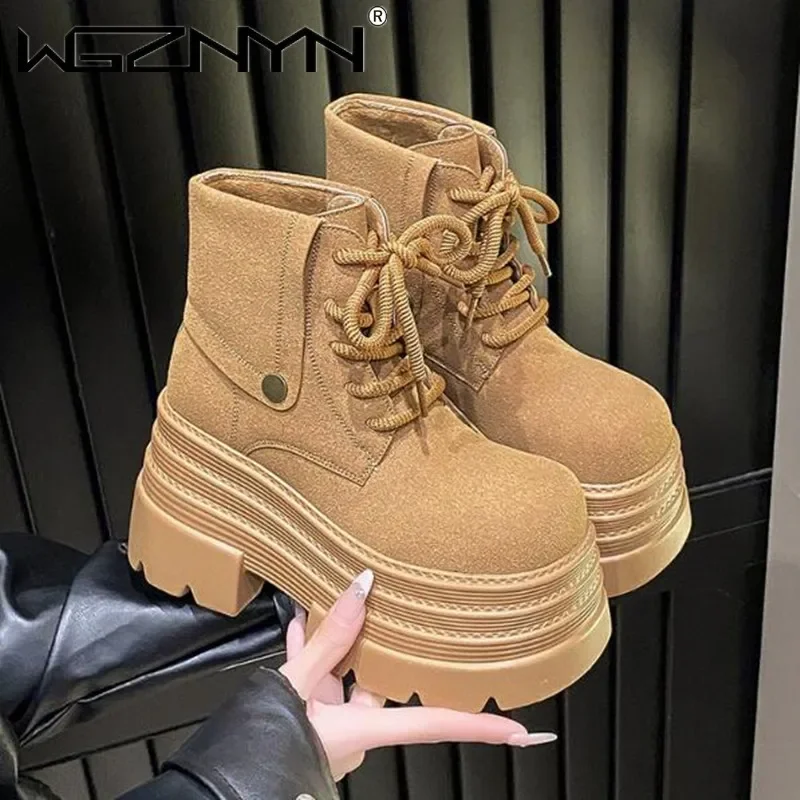 2025 Women\'s Ankle Boots Autumn Winter Warm Punk Goth Fur Shoes 10CM Chunky High Platform Casual Leather Short Boot Botas Mujer