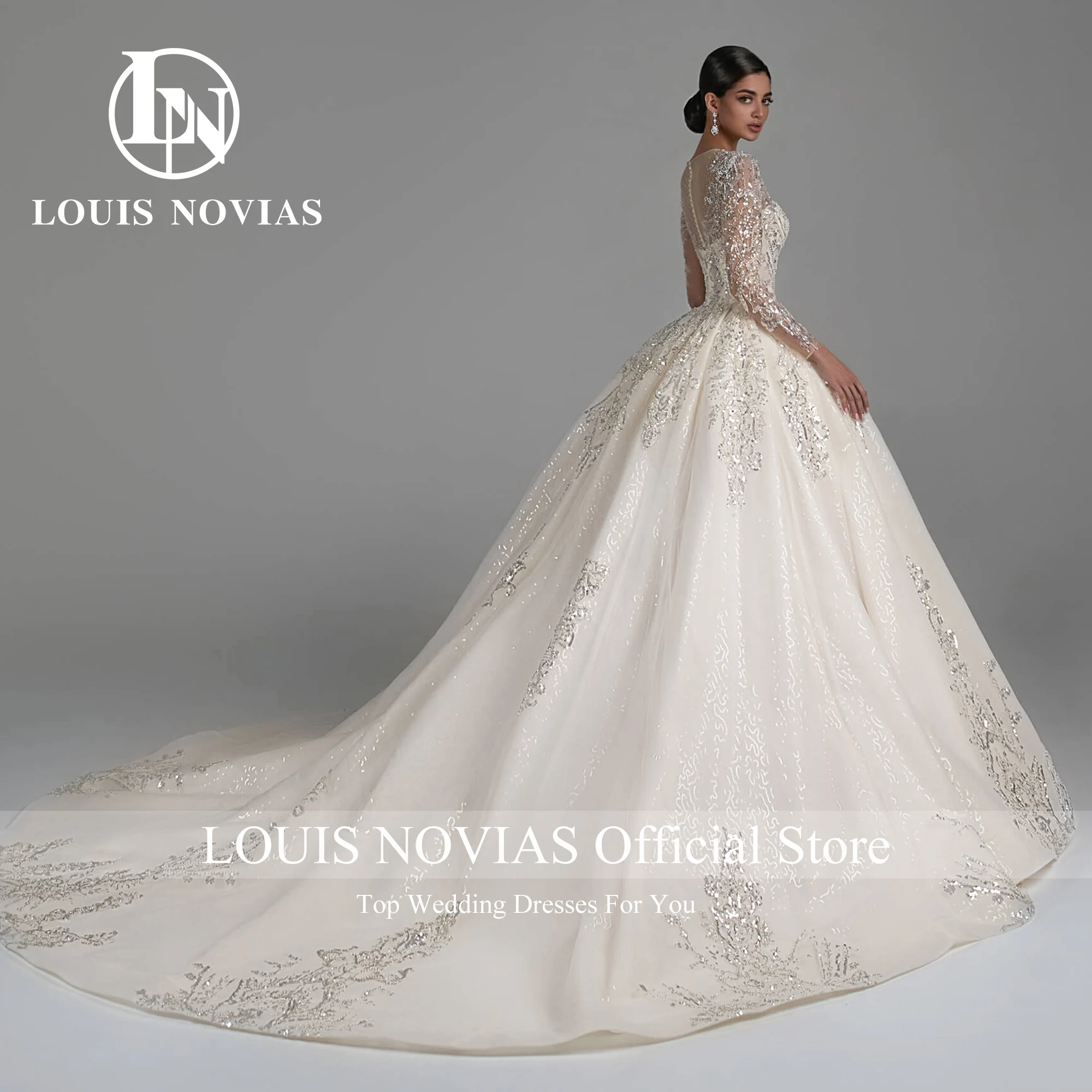 LOUIS NOVIAS Luxury Ball Gown Wedding Dresses 2023 Embroidery Beading Sequined Cathedral Train Wedding Gown Vestidos De Novia