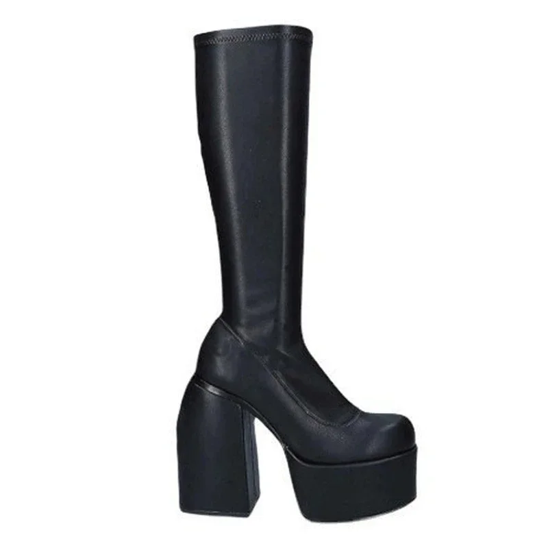 2022 New Women Boots High Heels Chunky Platform Black Big Size 43 Winter Boots Knee High Boot Zipper Matrin Boot Party Shoes