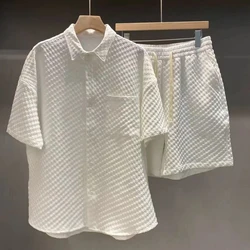 Conjunto de traje informal de gran tamaño para hombre, camisa corta con solapa a cuadros, sólido, manga corta, ropa de calle suelta, moda de verano, 2 piezas