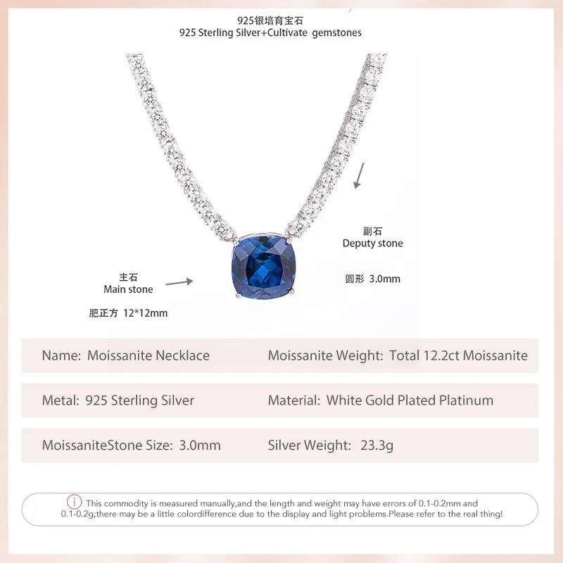 Follow Cloud 12.2ct Moissanite Diamond Tennis Necklace with GRA for Women 925 Sterling Silver with 12*12mm Cultivate Sapphire