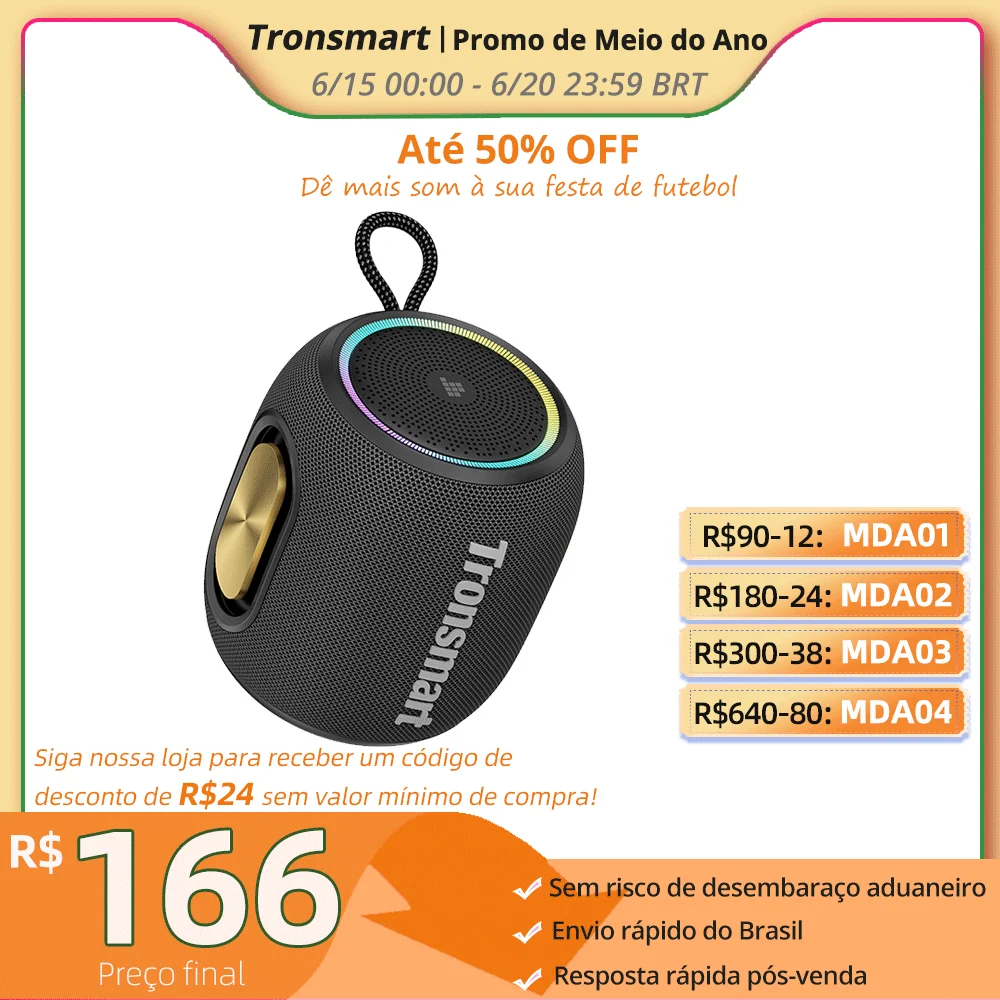 Tronsmart T8 Mini alto-falante portátil Bluetooth com áudio de 360 graus, 20 horas de reprodução, IPX7 à prova d'água, controle de aplicativo para camping