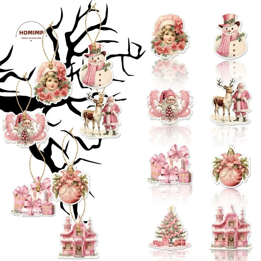 

24pcs Pink Christmas Tree Hanging Ornament Santa Claus Snowman Christmas Paper Ornaments Cute Paper Christmas Tree Decoration