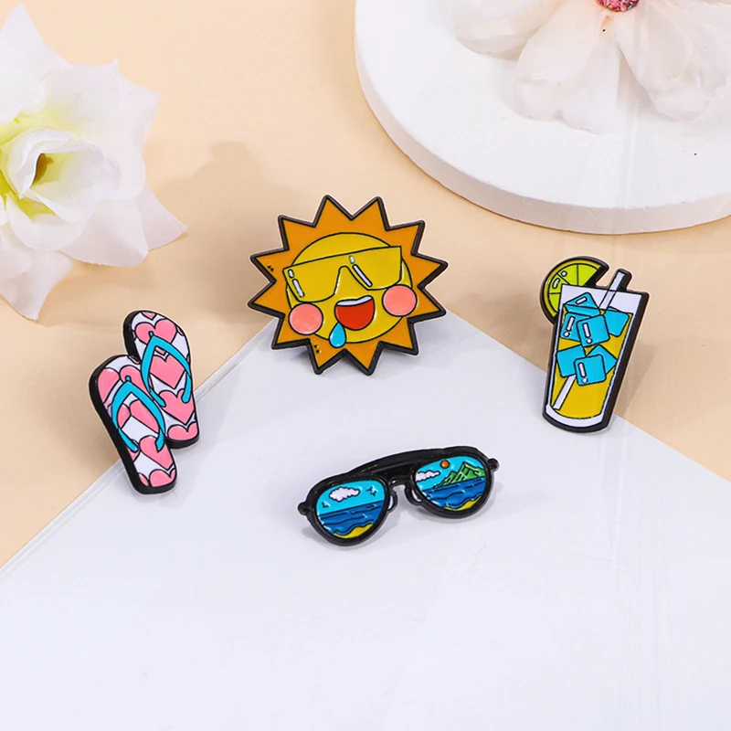 beach vacation series slippers sunglasses ice beverage badges Original cartoon Sun Pines summer