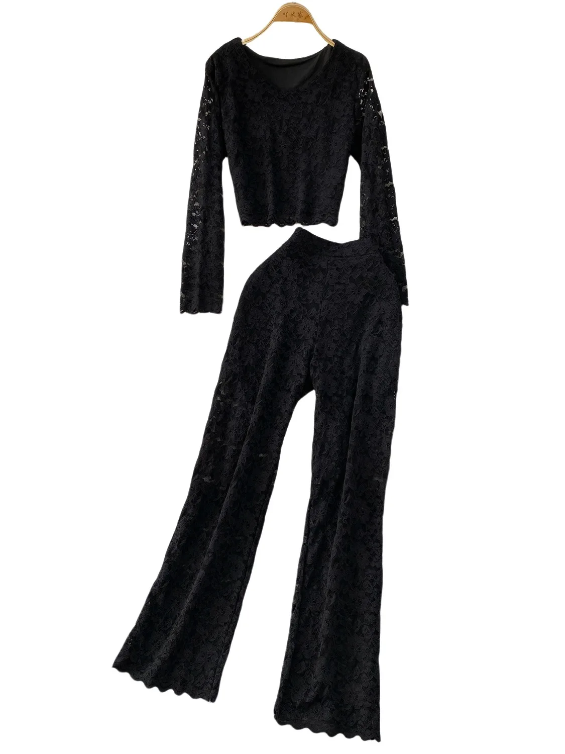 Ele Lace ort Crop Top Long Sve Set dimagrante da donna Pantaloni a gamba larga a vita alta Set da due pezzi Abbigliamento casual alla moda