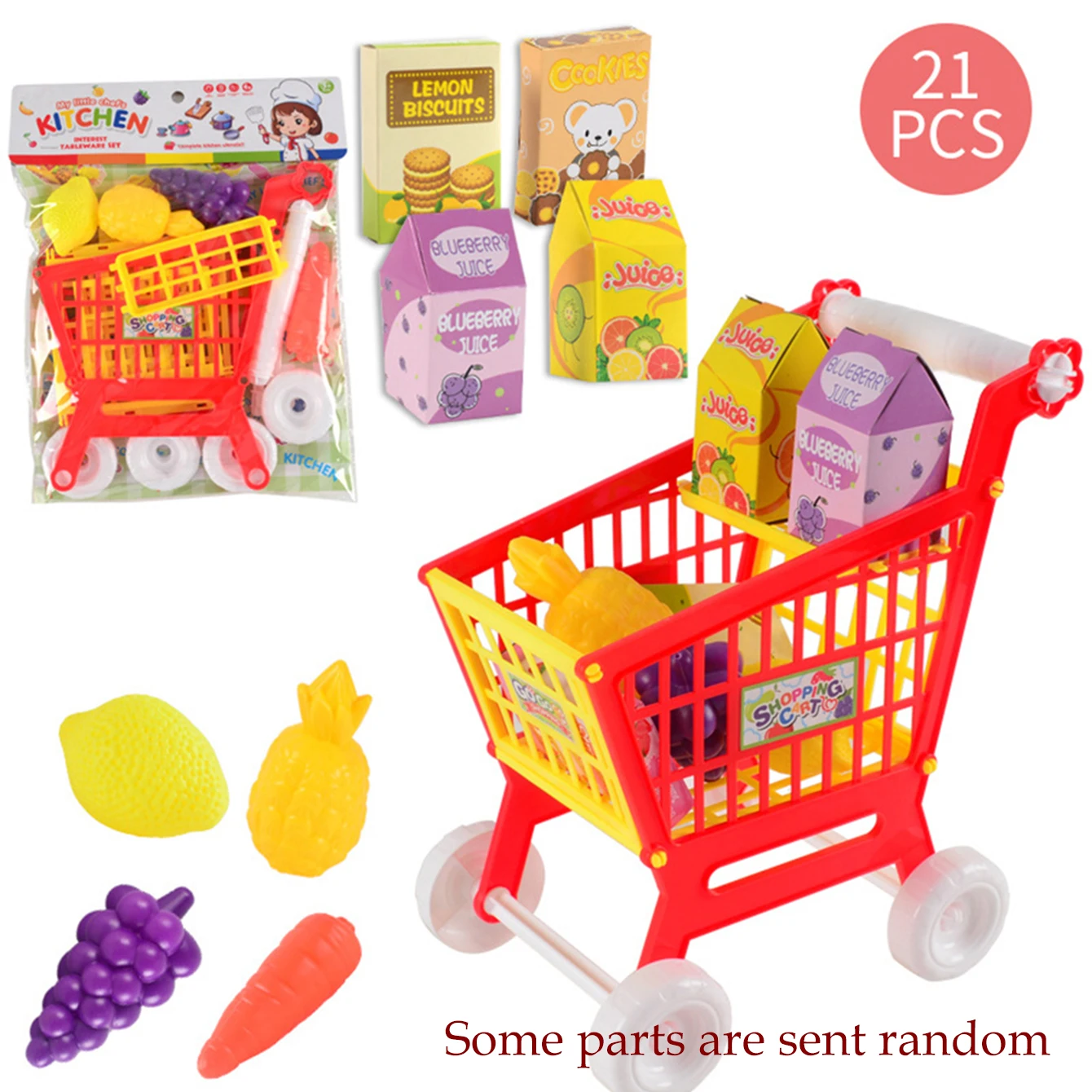 Supermarkt-Einkaufswagen-Spielzeug, Küchenspiel, Obst, Gemüse, Lebensmittel-Spielset, Trolley für Lebensmittel, Geschenke für Kinder ab 3 Jahren