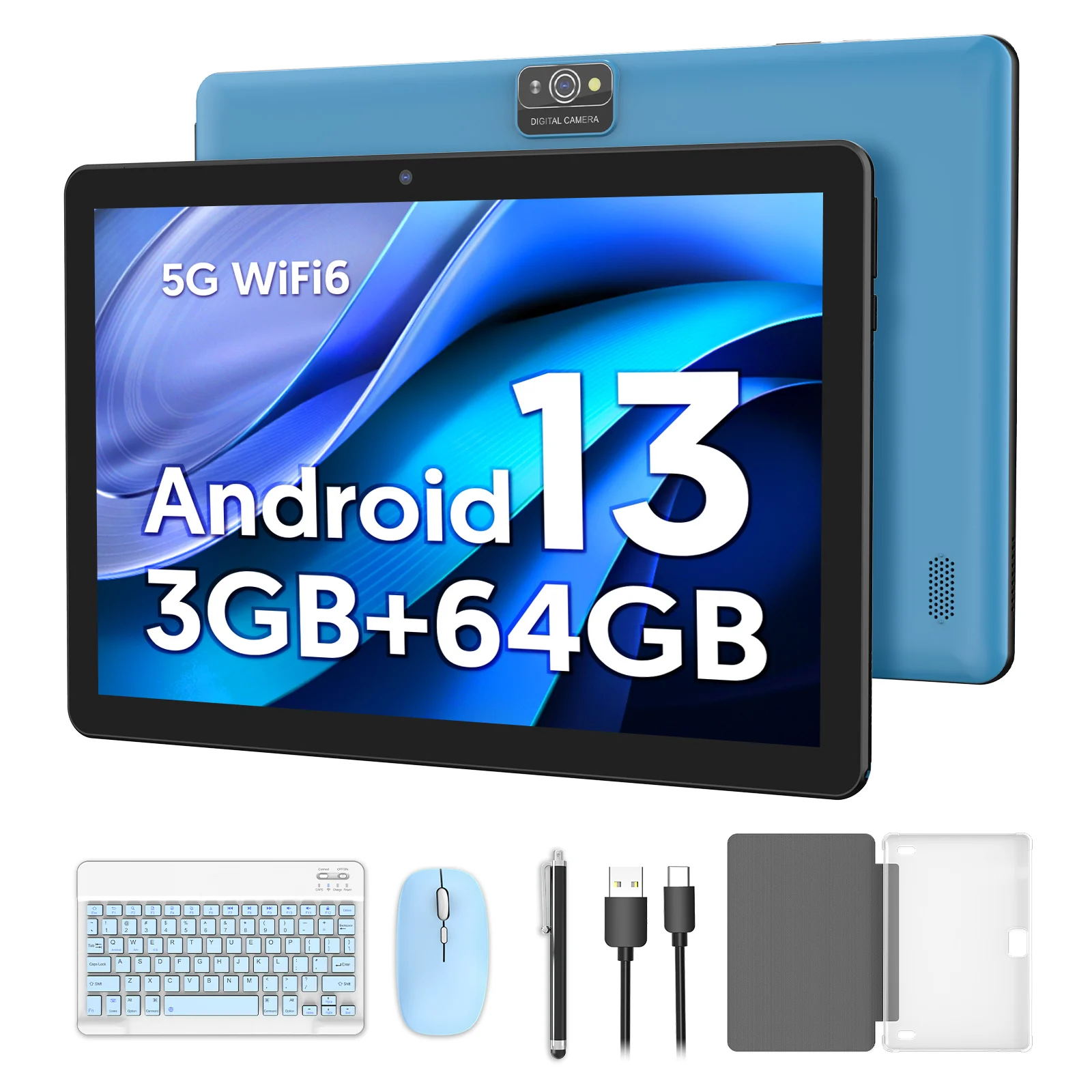 

10-inch Android 13 tablet, quad-core processor, 7GB (3G+4G memory expansion) RAM+64GB ROM, dual cameras, WiFi, Bluetooth