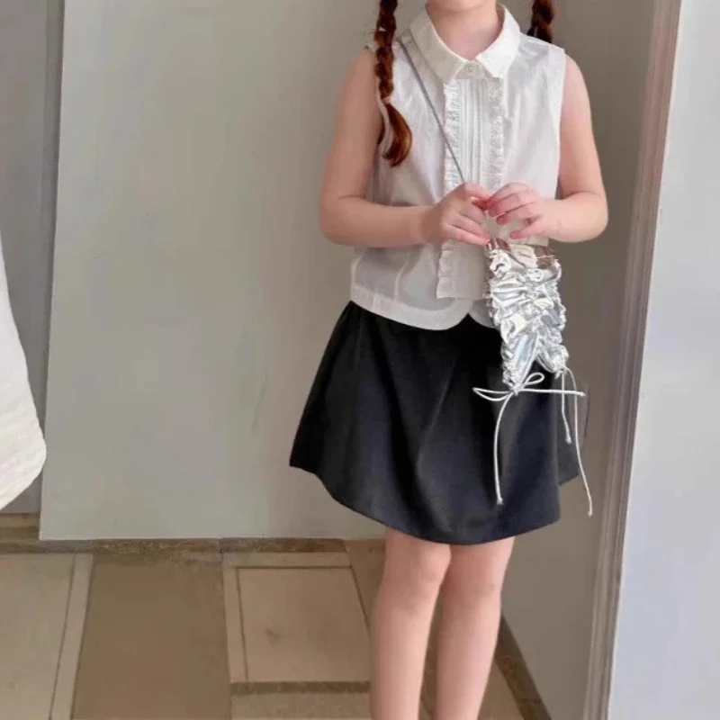 

2025 Summer Clothing New Girls' Niche Design with Ruffled Edges and Lace Simple Sleeveless Vest
