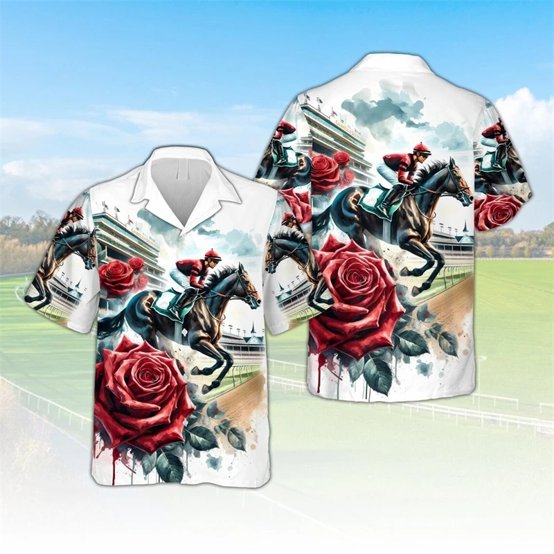 Men's Fashion Casual Loose Short Sleeve Shirt New Summer Retro America Style T-shirt Hip Hop Horse Racing Printing Shirt Blouses