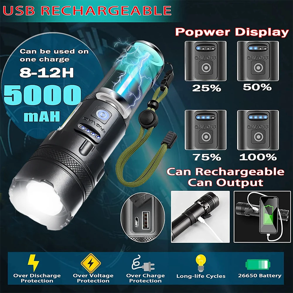 High Power XHP160 LED Flashlight With Side Work Light Lantern USB Rechargeable 16-Core Powerful Tactical Torch Lamp For Camping