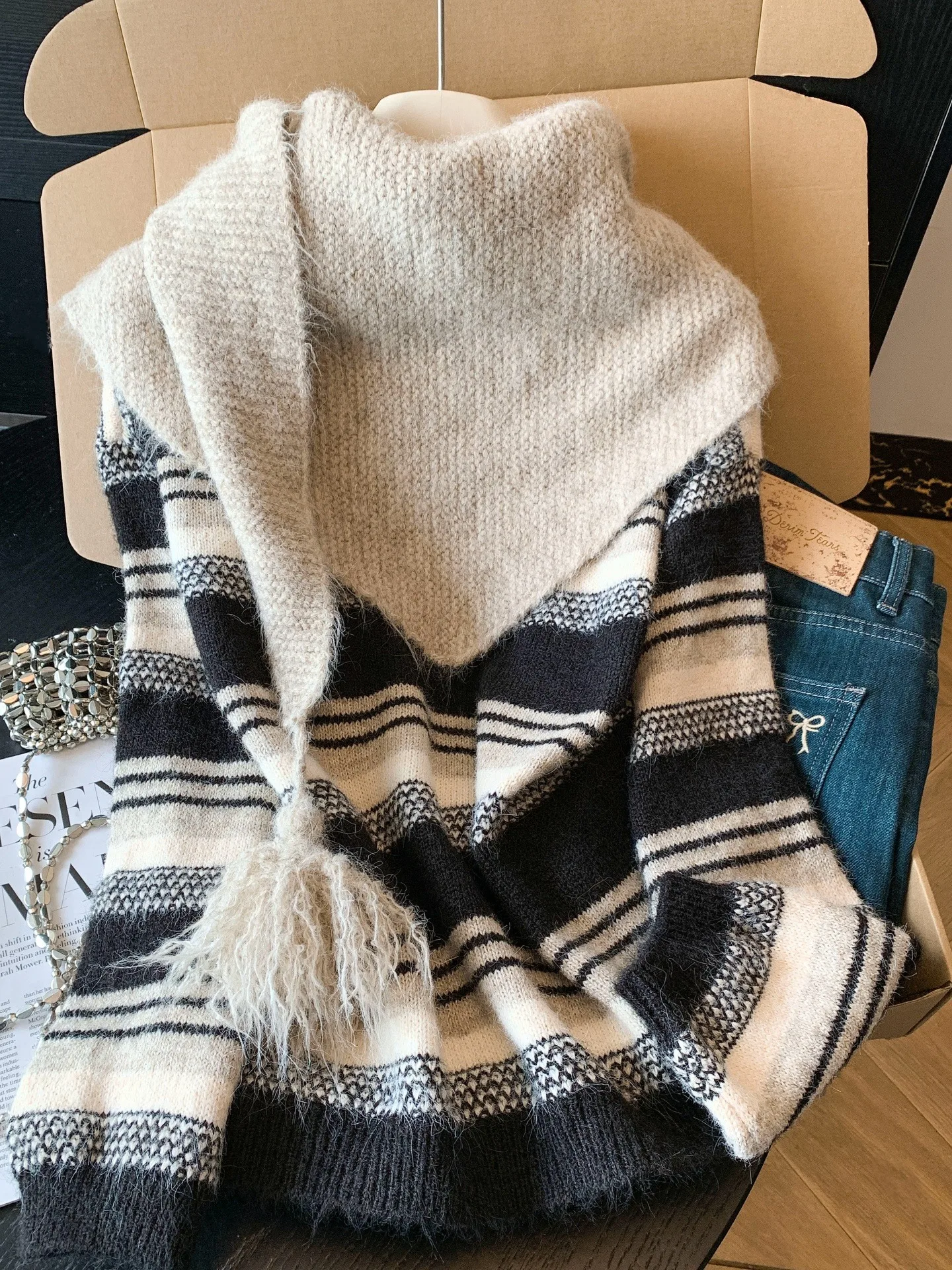 een Conjunto de suéter de punto a rayas para mujer, cálido, coreano, Laid-ba, Retro, Combo de dos piezas, suave, largo, Sve Crew Ne