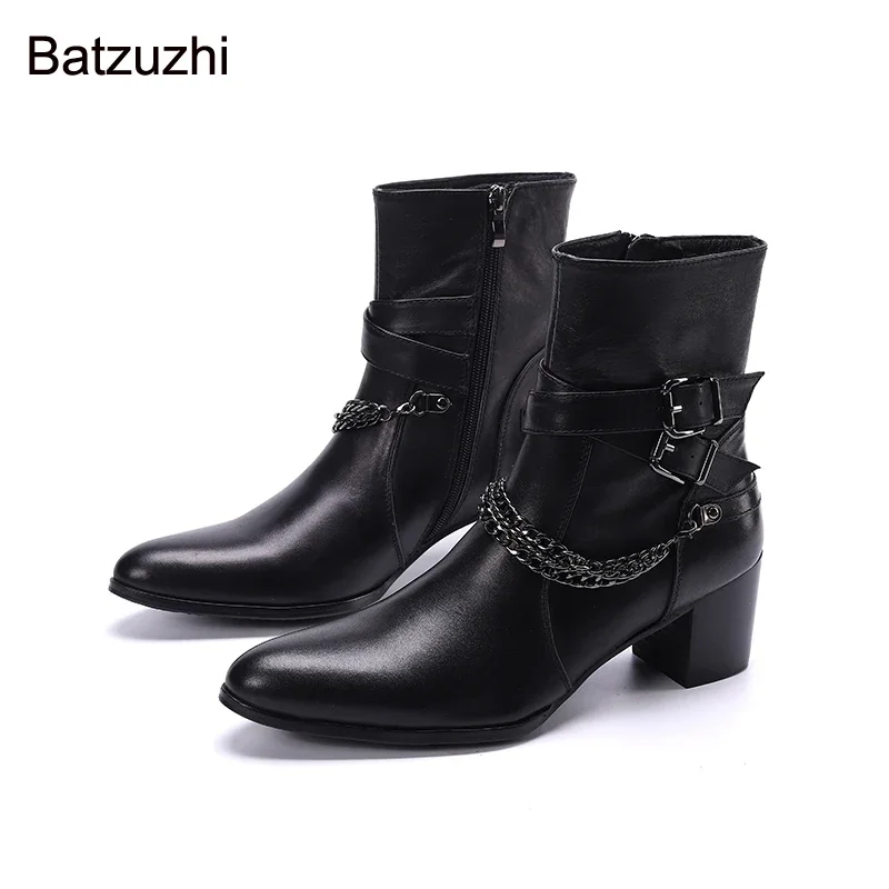 

Batzuzhi Italian Type 7cm Heels Men's Boots Pointed Toe Black Soft Genuine Leather Boots Men Ankle Chians Straps Knight Botas!