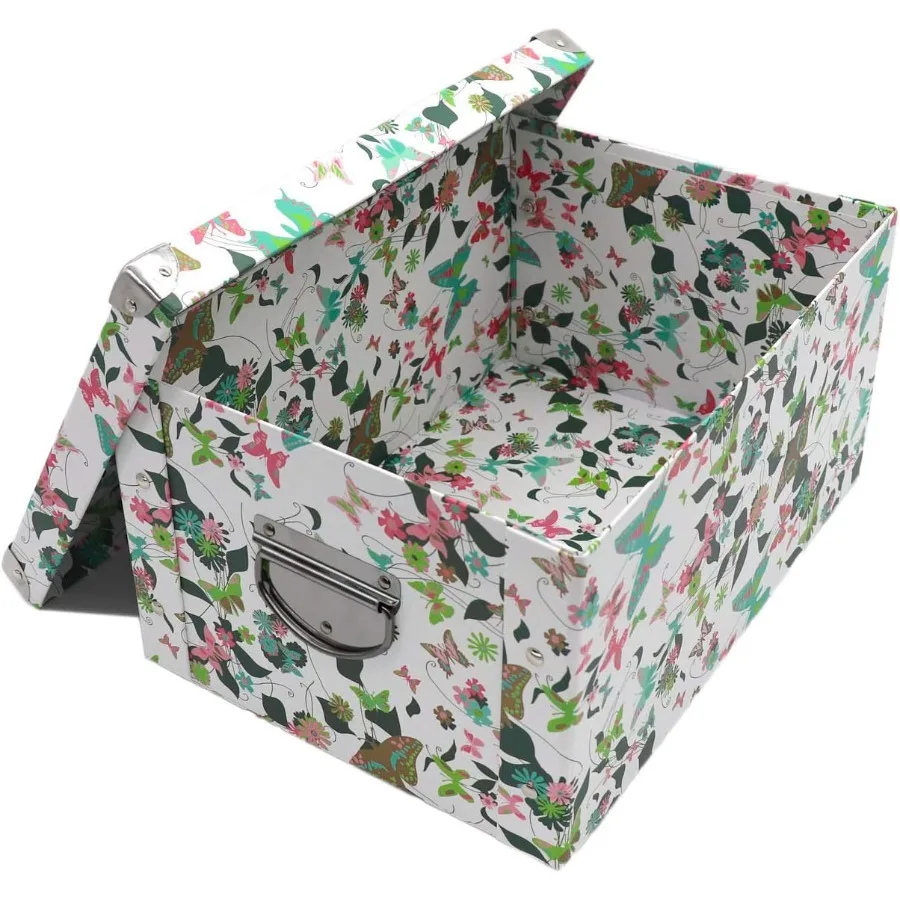 

Collapsible Storage Box Drative Memory box with Lid Metal Reinforced Corners Cardboard File Box with Handles Organizer Gift Box