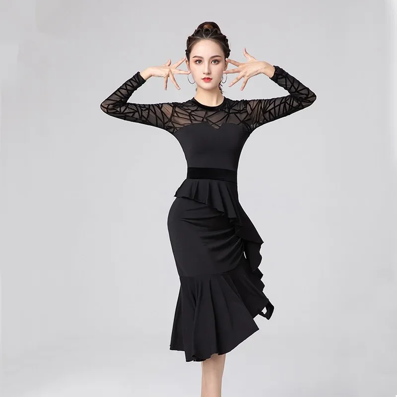 

2021 New Black Latin Dance Dress Sexy Mesh Long Sleeve Woman Practice Dress Performance Ballroom Tango Cha Cha Rumba Costumes