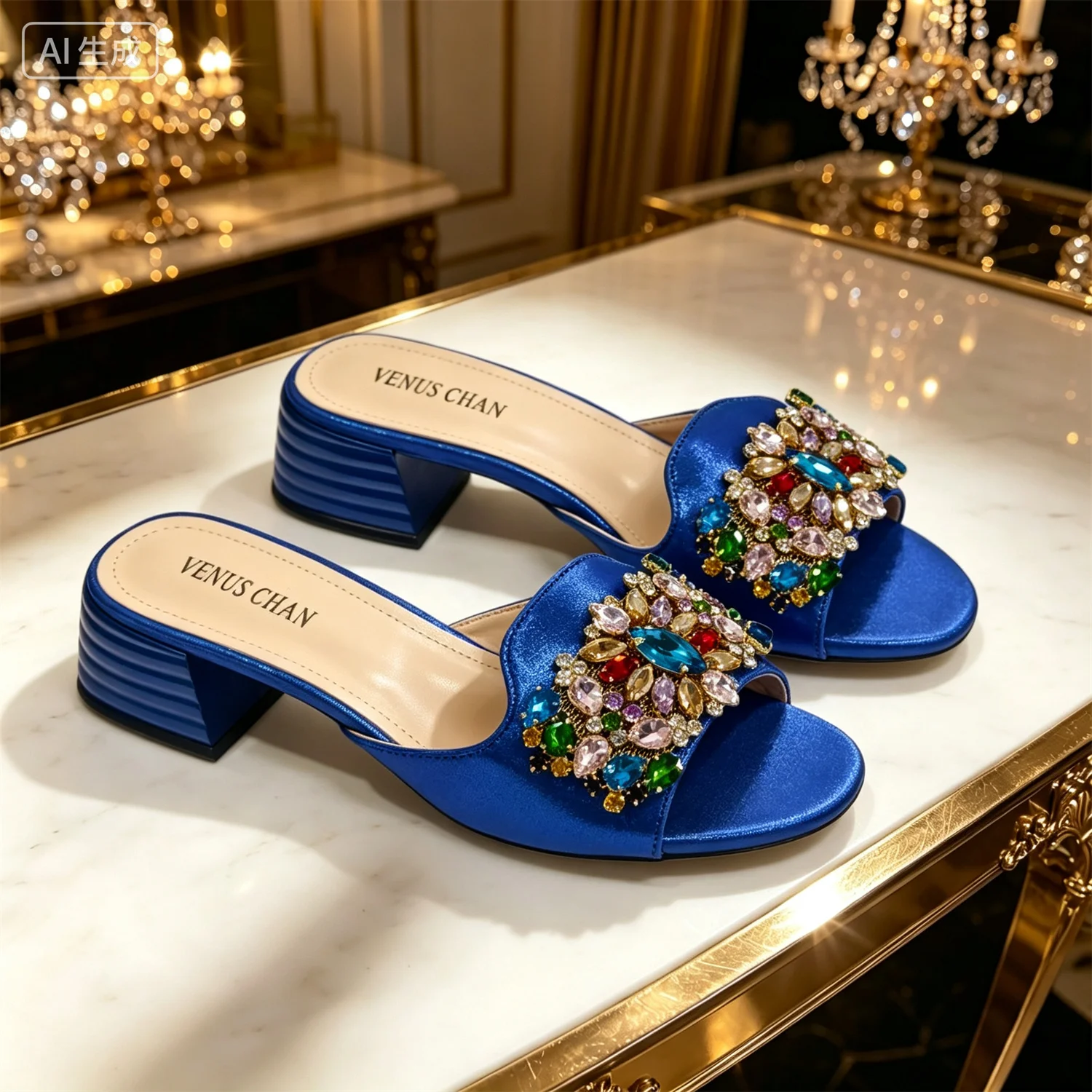 Women Luxury Multicolor Rhinestone Blue Heel Mules Black Satin Open Toe Slip On Sandals Elegant Wedding Evening Party Designer view 4