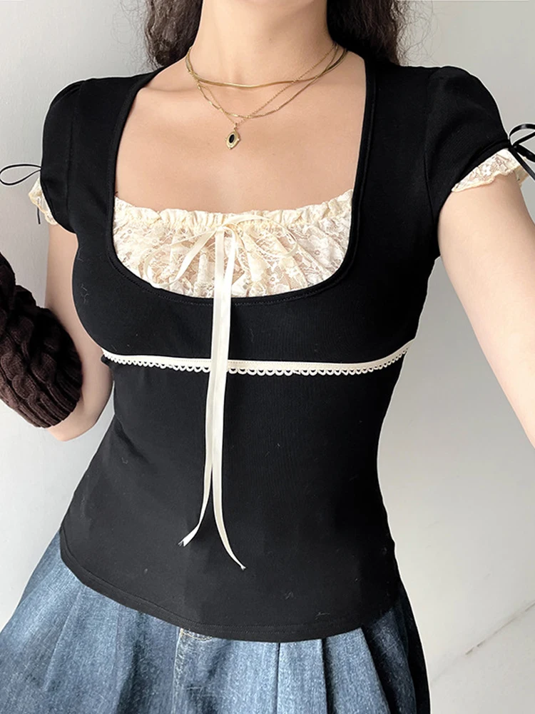 

Lace Crop Top Women Summer Short Sleeve T-shirt Female Sexy See Throught Bow T-Shirts Ladies Elegant Square Neck Slim Y2K Tees