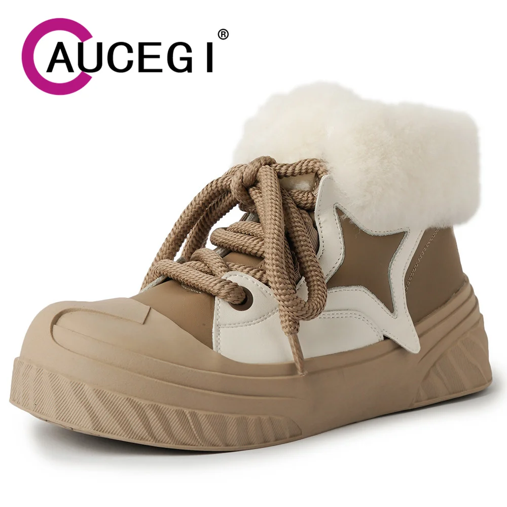 Aucegi Women Quality Leather Round Toe Snow Ankle Boots Comfy Platform Thick Soled   Lace Up Winter Warm All Match Shoes Apricot