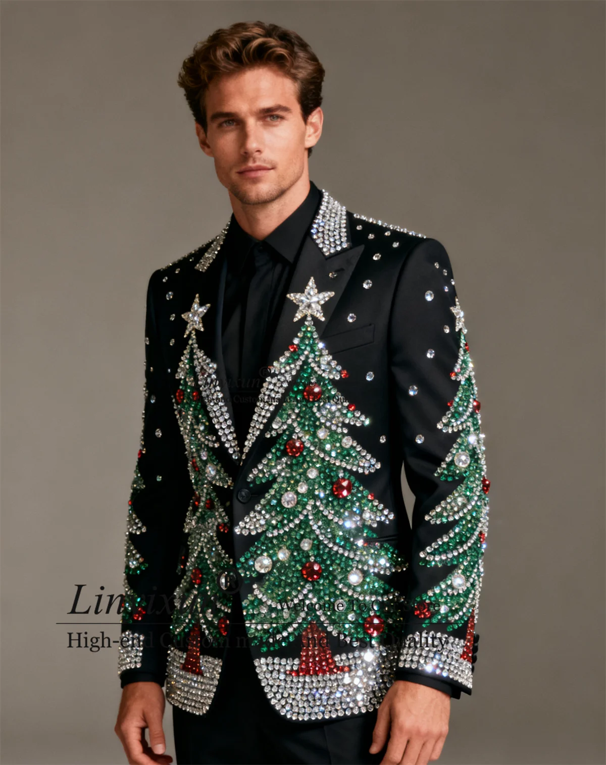 

Luxury Metallic Jewelry Diamond Men Suits 2 Pieces Sets Wedding Groom Blazers Slim Fit Customized Fashion Style Ropa Hombre