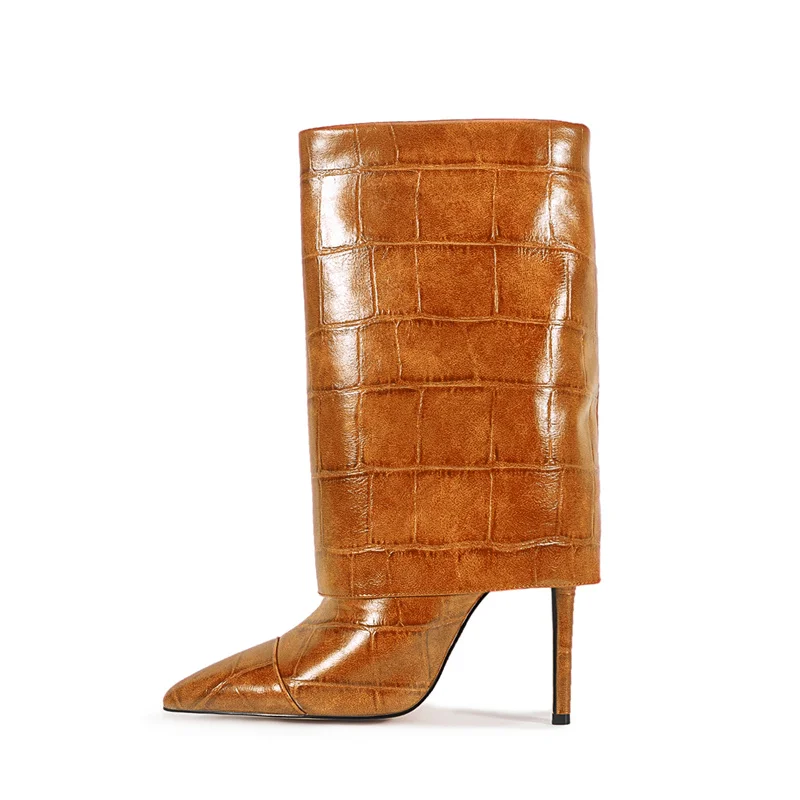 

YMECHIC2026 Retro Export Crocodile Print Straight Tube Ankle Botas Ladies Pointed Toe Stiletto Stone Texture Women Shoes Size 46