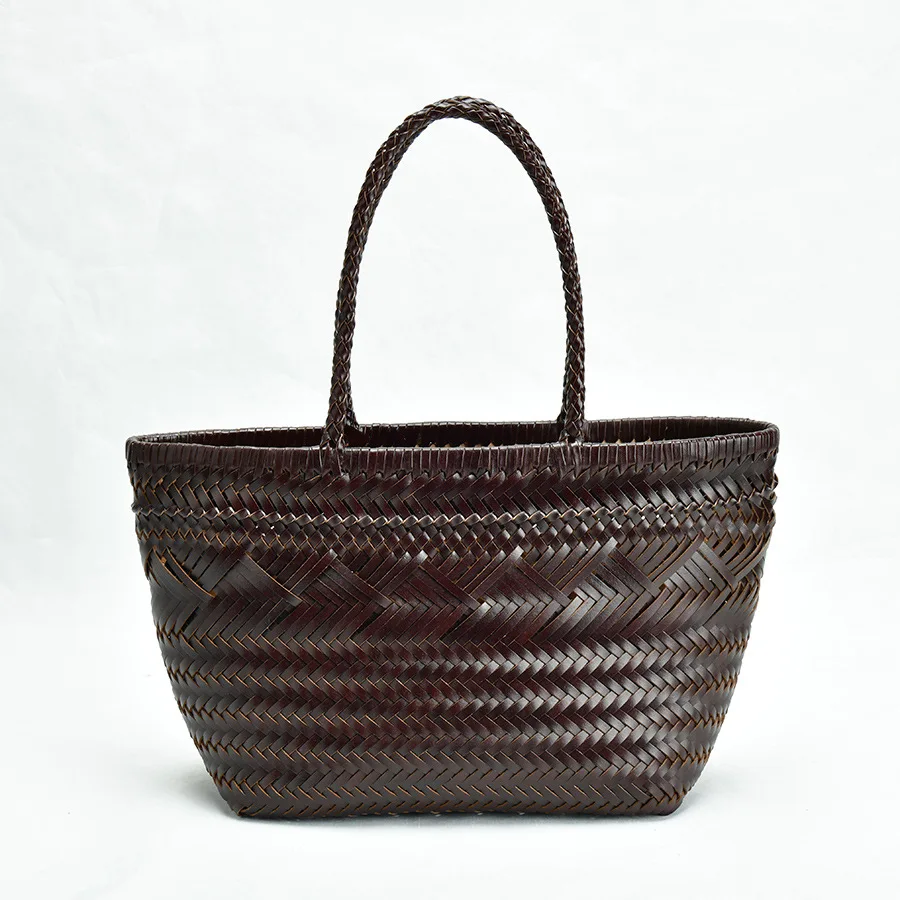 French Style Woven Basket Bag Real Leather Handmade Women\'S Handbag Popular Hot Selling