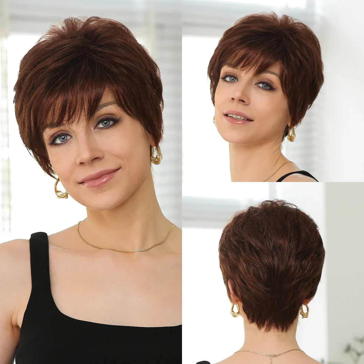 Kanekalon Synthetic Wigs Short Pixie Cut Bob Wigs Natural Brown Wig for White Women Pixie Cut Hair Mommy Wigs Machine Made Daily