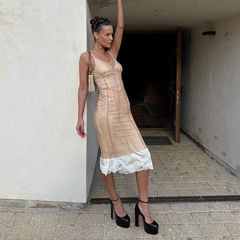 Sheer Mesh Overlay Spaghetti Strap Midi Dress Waist Cinched Sleeveless 2026 Summer Women Accessories Trendy Classy Lady Outfits