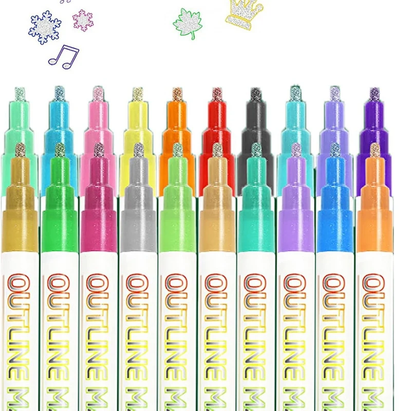 Metallic Outline Paint Markers, 20 Colors Shimmer Outline Markers Pens, Signature Metallic Outline Paint Markers Durable