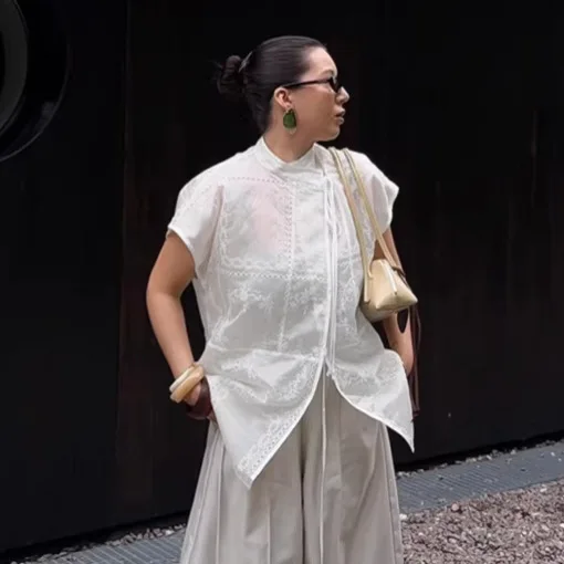 

2026 New Embroidery Hollow Small Stand-up Collar Short-sleeved White Shirt Woman