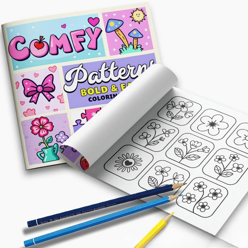 Comfy Patterns Coloring Book Bold Easy Cute Strawberry Bow Floral Mushroom Stress Relief Drawing Book