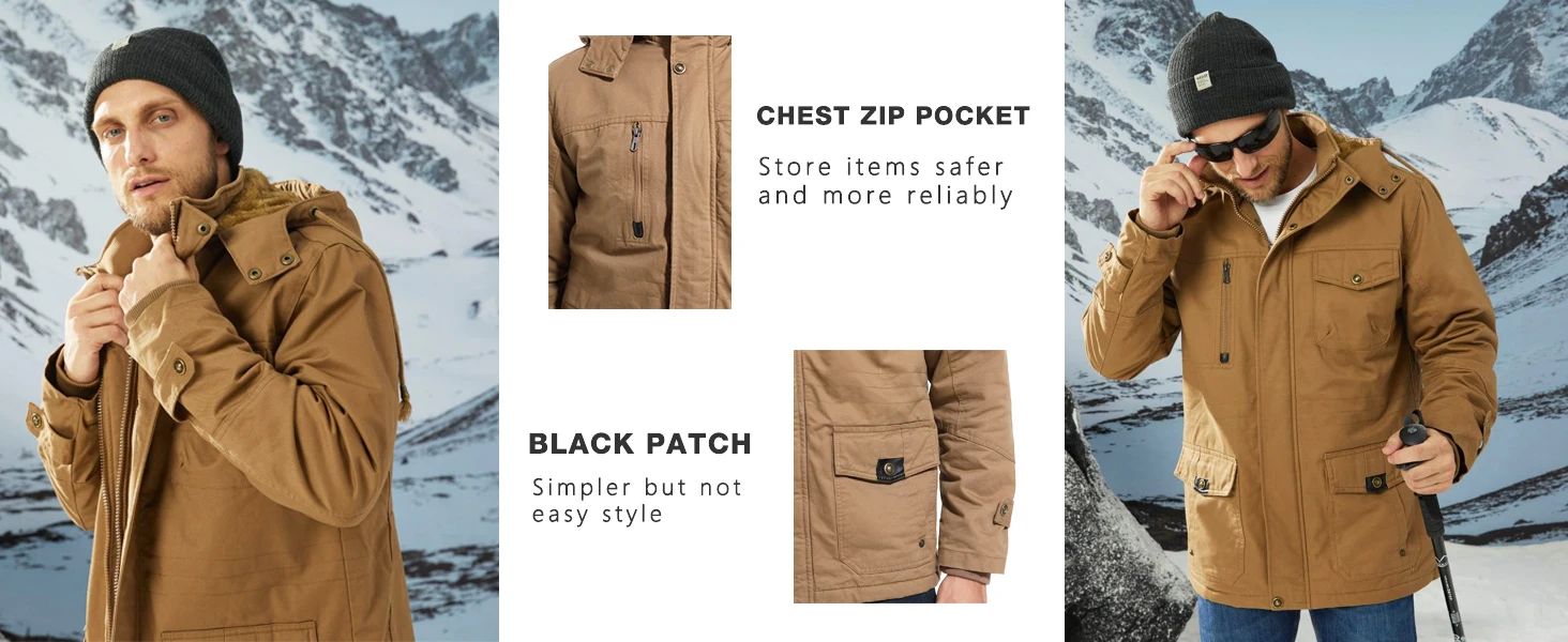 MAGCOMSEN Winter Jacket Men's Cotton Cargo Jacket Fleece Lined Thicken Work Coat Warm Parka Coat Detachable Hood Snow Ski Jacket