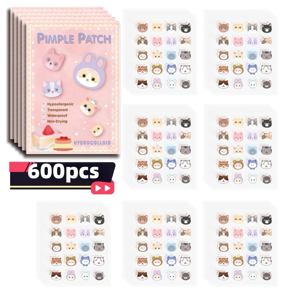 600pieces of cartoon cat acne patches, facial acne patches, concealer acne patches, and pimples patches. Ultra-thin and breathab