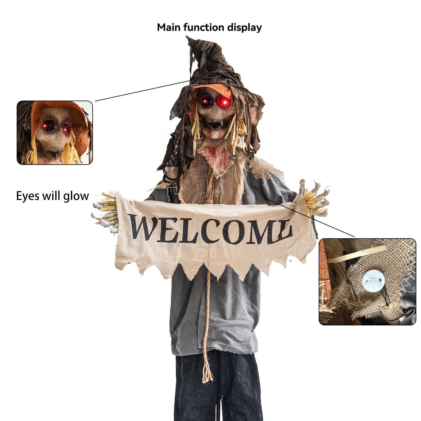 Halloween Animated Scarecrow Decoration With Welcome Banner Outdoor Haunted House Prop Light And Sound Effects