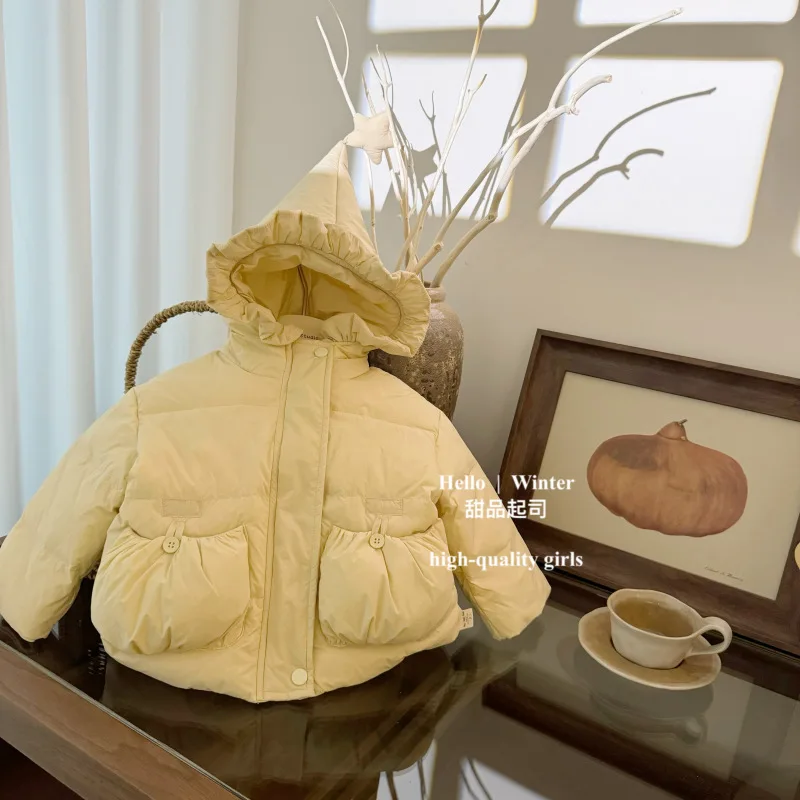 Baby Girls Yellow Coat Female Treasure Thickened Cotton-padded Jacket Winter New Style Coat Hooded Cotton-padded Jacket