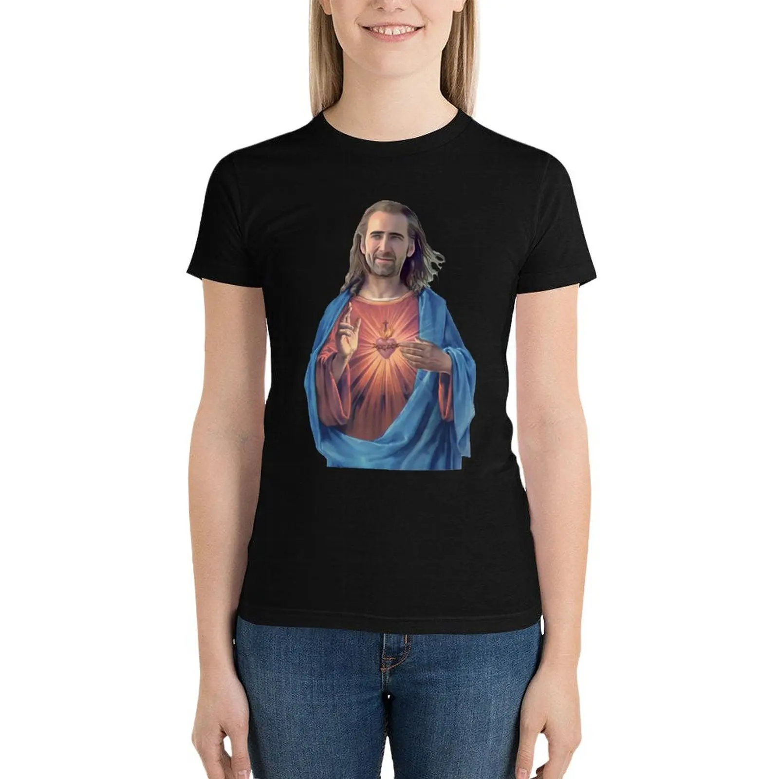 

Nicolas Cage is Jesus Classic T-Shirt tops Aesthetic clothing plus size tops graphics tight shirts for Women