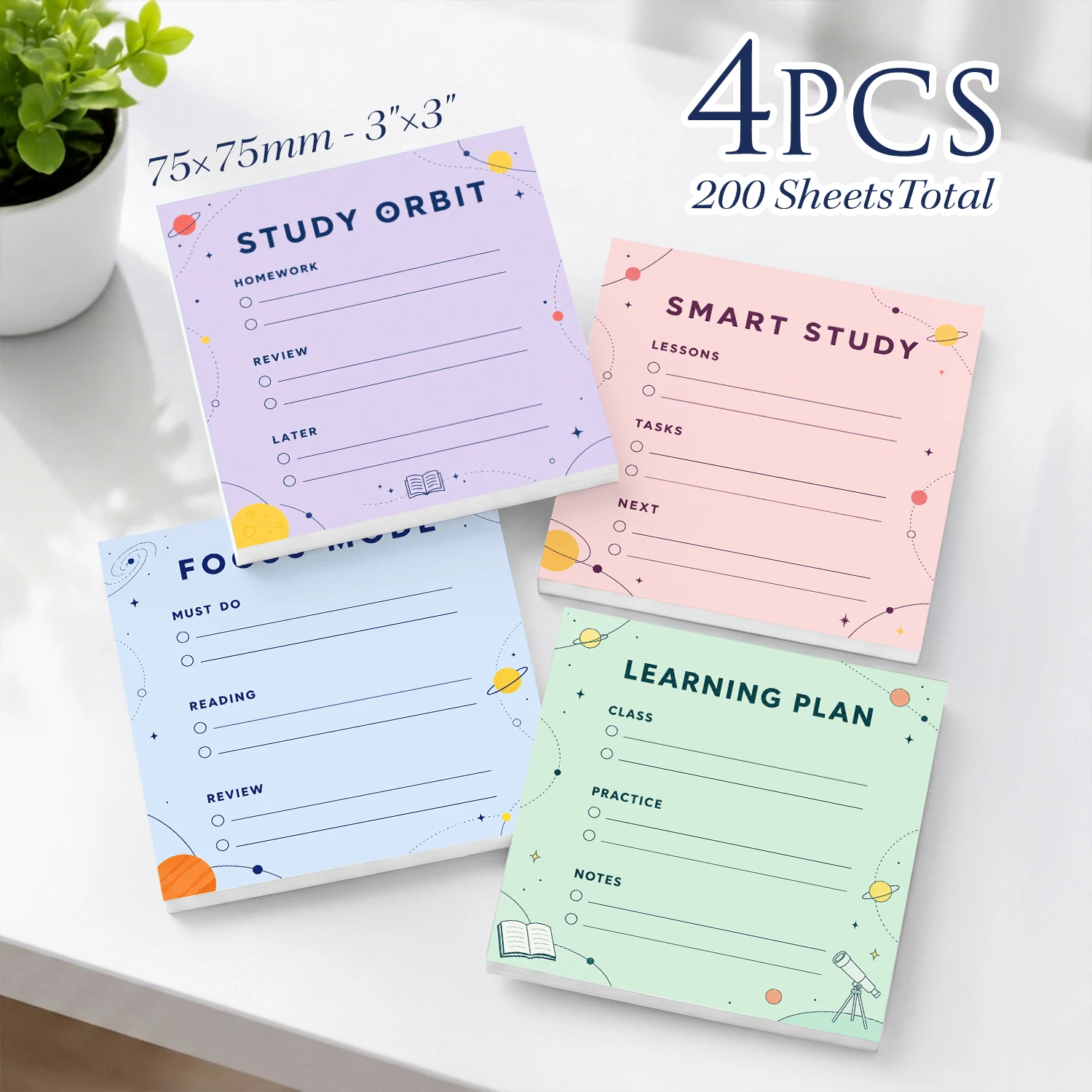 4PCS Space Study Planner Self Adhesive Sticky Notes 200 Sheets Planet Learning Checklist Homework Review Memo Pads Office Statio