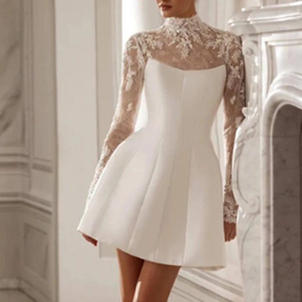 

Customized A-line Evening Dresses High-neck Full Sleeve Prom Gown Simple Fashion Sequined Flowers Simple Draped Party Gown