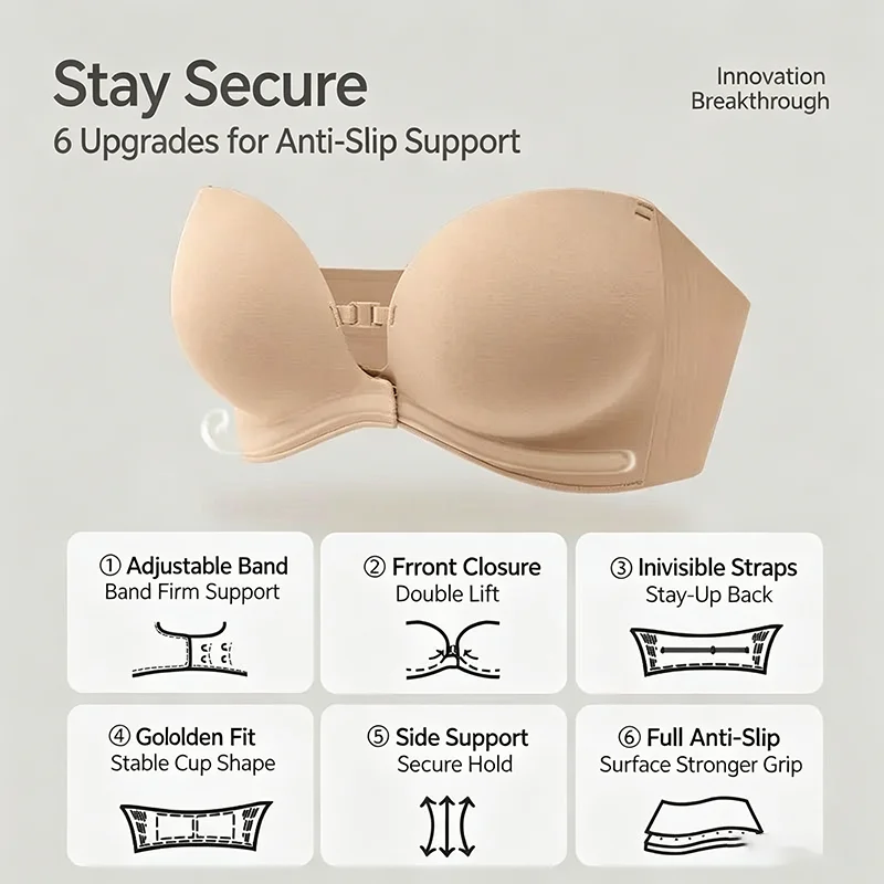 Women Front Closure Strapless Bra Seamless Push‑up Thick Soft Padded Invisible Lingerie Adjustable Solid Color Brassiere