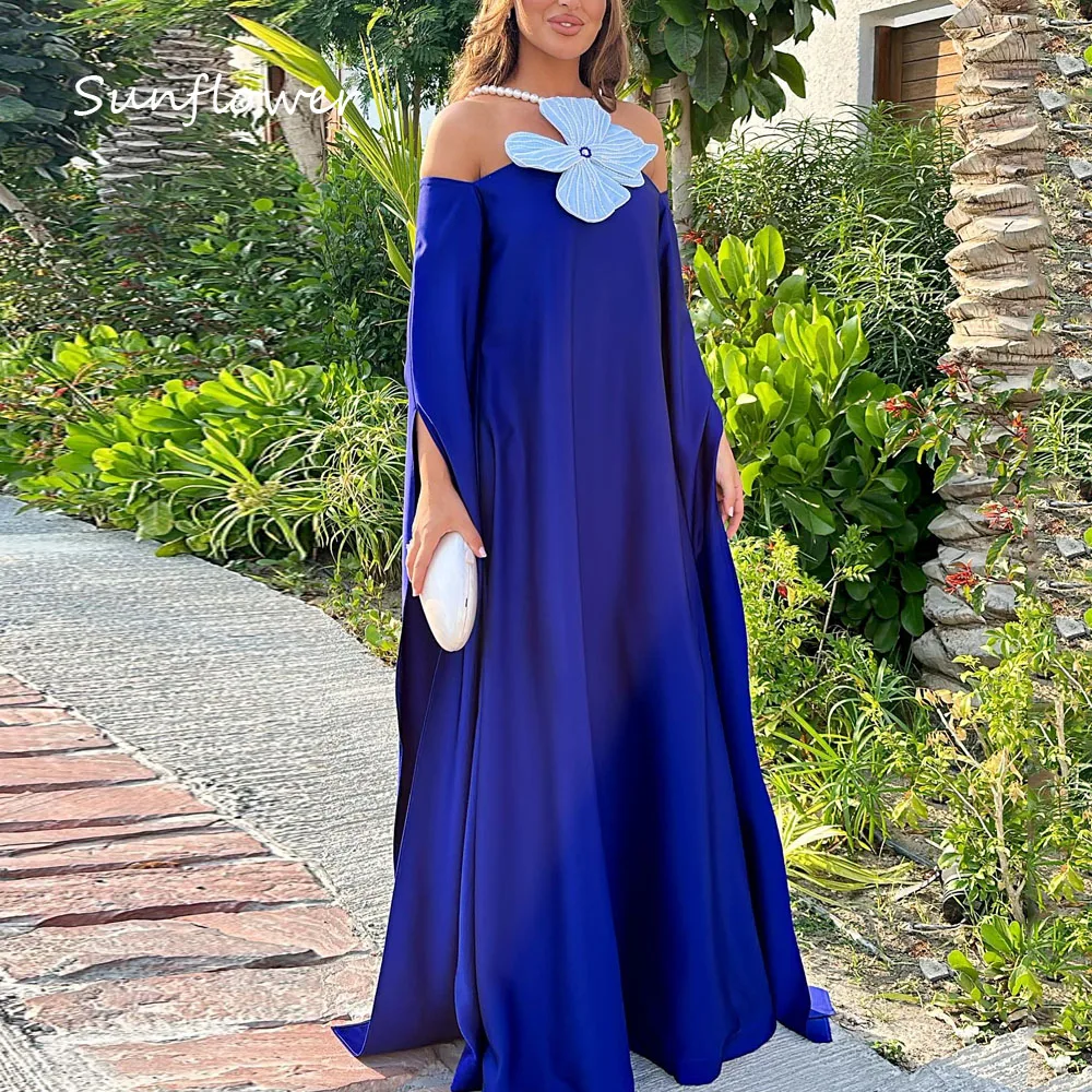 Vestido de noche Formal con cuello Halter y perlas azules girasol, vestido de graduación recto 3D, vestido de fiesta de satén Delgado, vestido de noche hasta el suelo, 2024