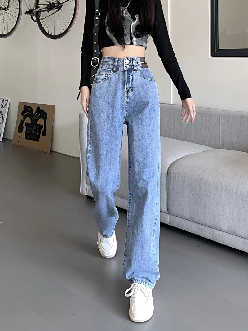 Cintura alta perna reta jeans feminino novo 2025 emagrecimento plus size solto ort plus size calças verão mistura de algodão fino