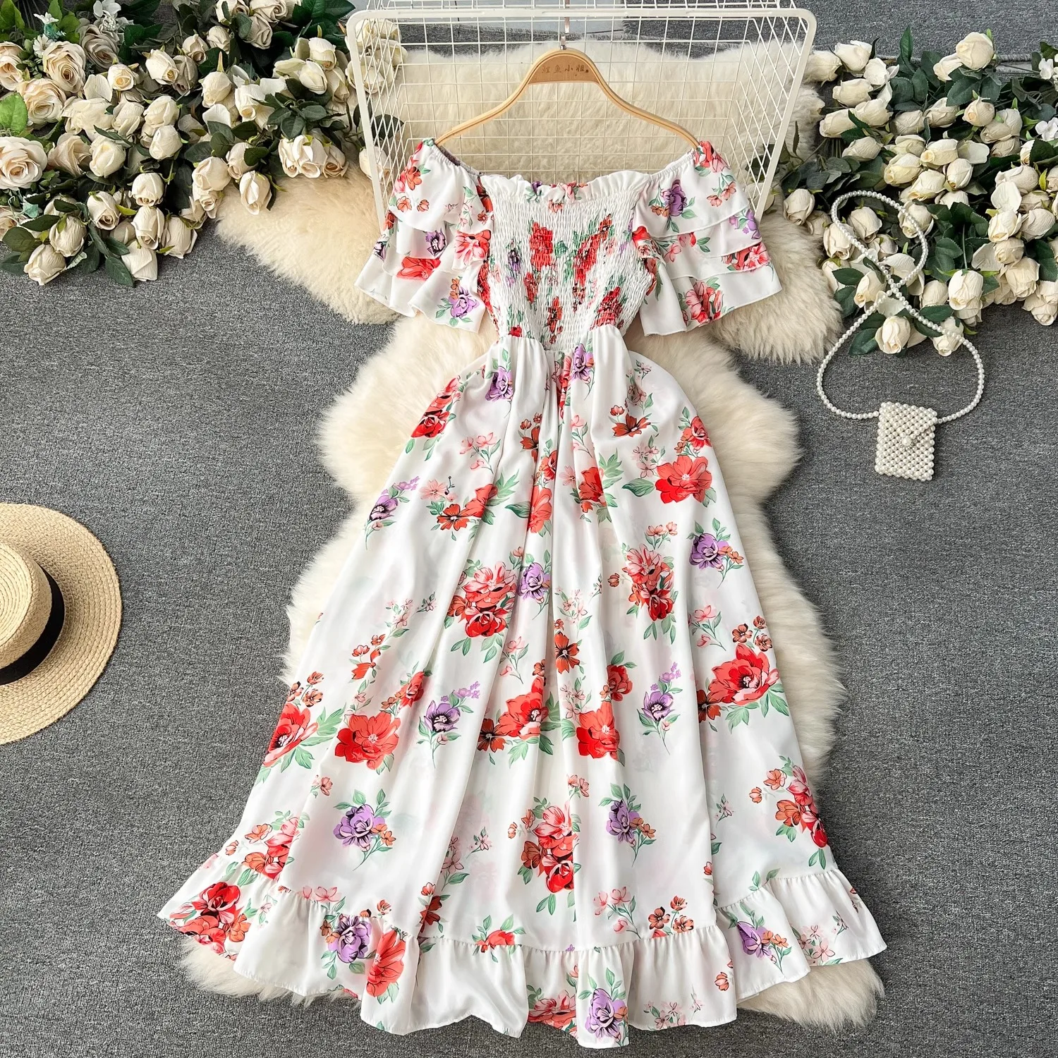 YuooMuoo Vacation Fashion Flower Print Chiffon Summer Dress Sexy Off Shoulders Elastic Waist Big Swing Long Dress Beach Vestidos