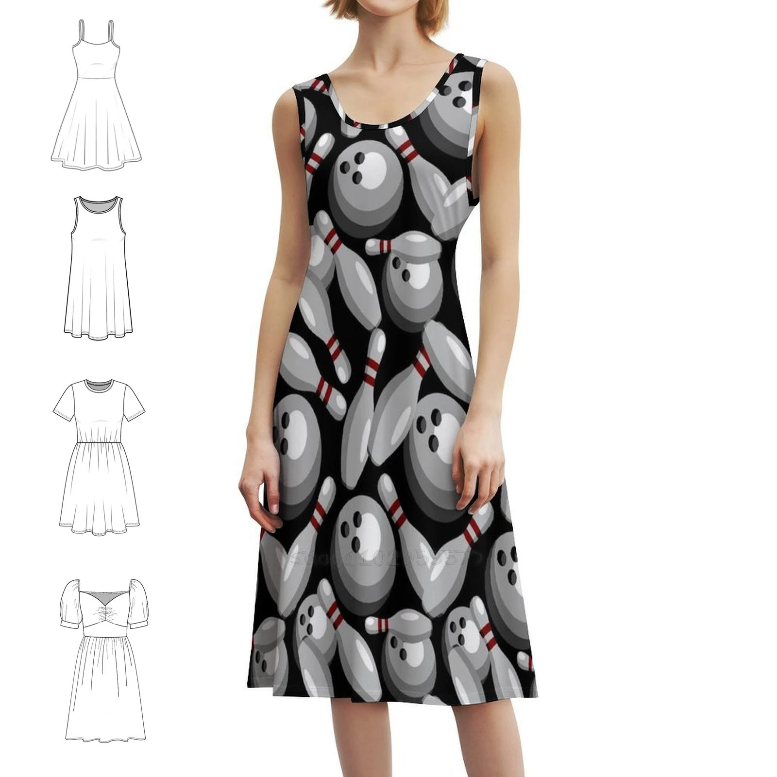 دبابيس وكرات البولينج نمط سلس فستان بوهيمي عتيق بأكمام منتفخة أو خيارات بلا أكمام للنساء فستان البولينج #1