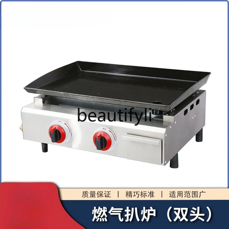 Kompor panggangan gas dua tungku Teppanyaki untuk warung komersial, kompor panggangan listrik untuk barbeque, mesin