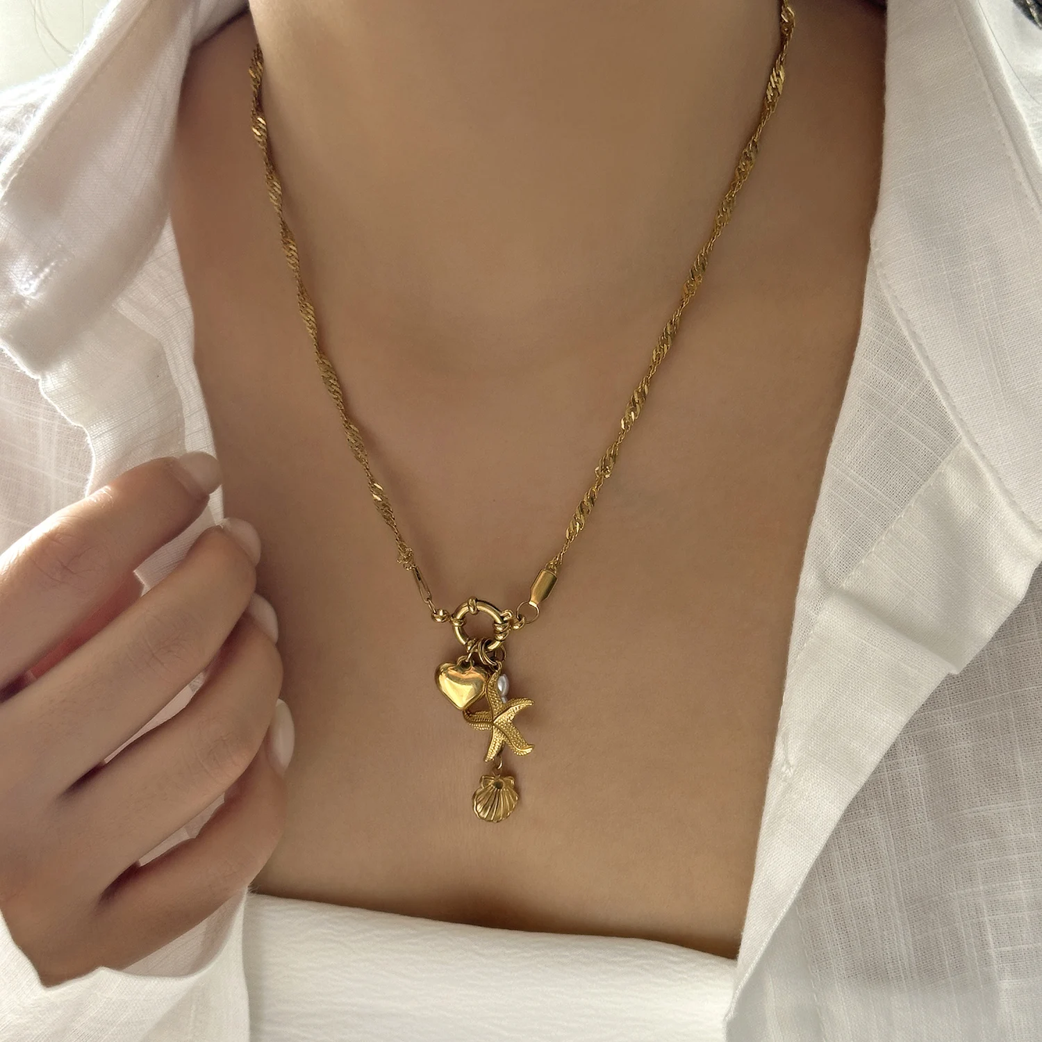 Mode Edelstahl Metall Conch Halsketten für Frauen Nette Shell Quaste Keramik Fisch Halsketten Party Täglichen Schmuck Geschenke – Detail 15