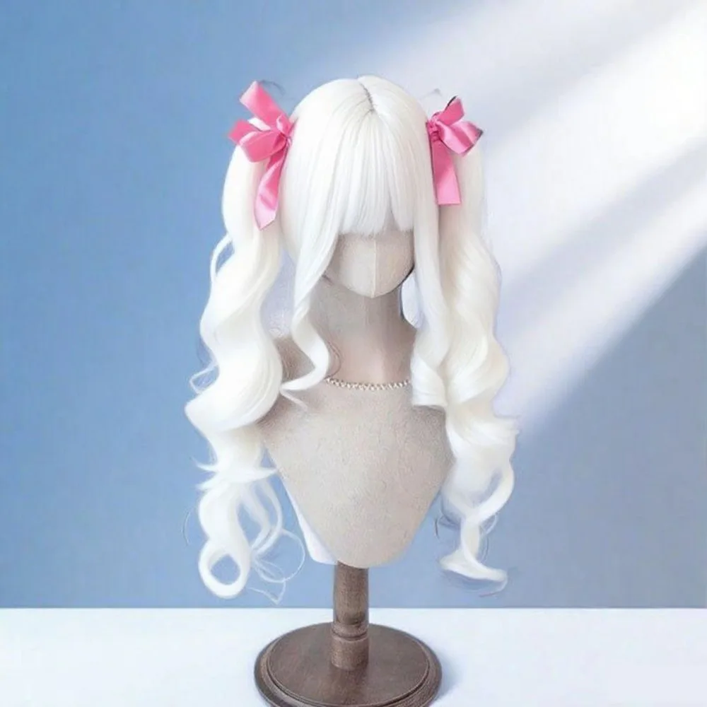 ‌ Parrucca riccia ondulata rosa Lolita - Capelli naturali da 65 cm, doppie code di cavallo con frangia, parrucca cosplay carina, nuovo arrivo 2025