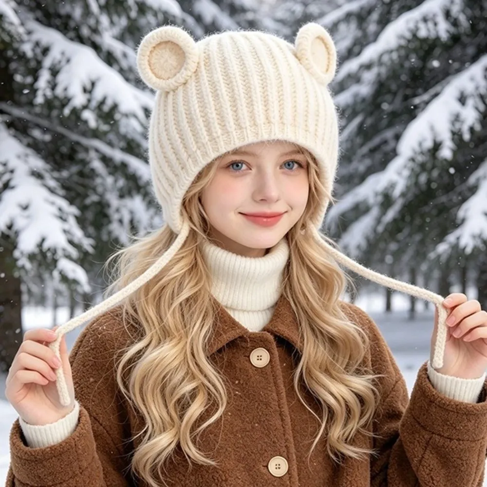 Fashionable Thicken Bear Ear Knitted Hat Cute Ear Solid Color Ear Protection Hat Keep Warm Overhead Cap Winter