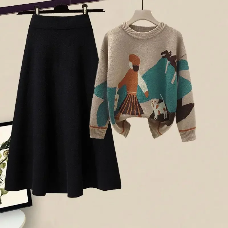 DAYIFUN Autumn Winter Sets Women's 2023 New Round Neck Sweater and Knitted Half Skirt Two Piece Sets Lady Lazy Style Dress Sets